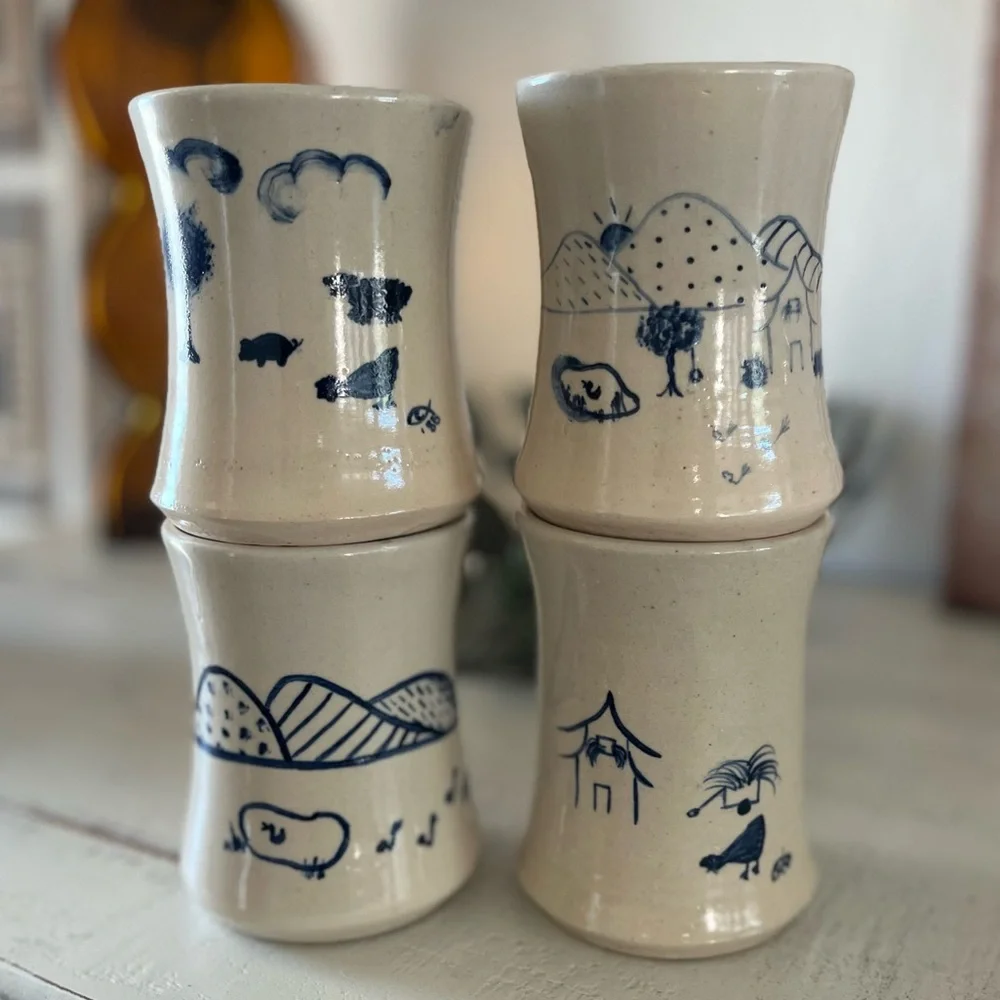 Rare Set of 4 Handmade Pottery Cups Mugs Solid Heavy Blue Folk Art Ichthys Symbo